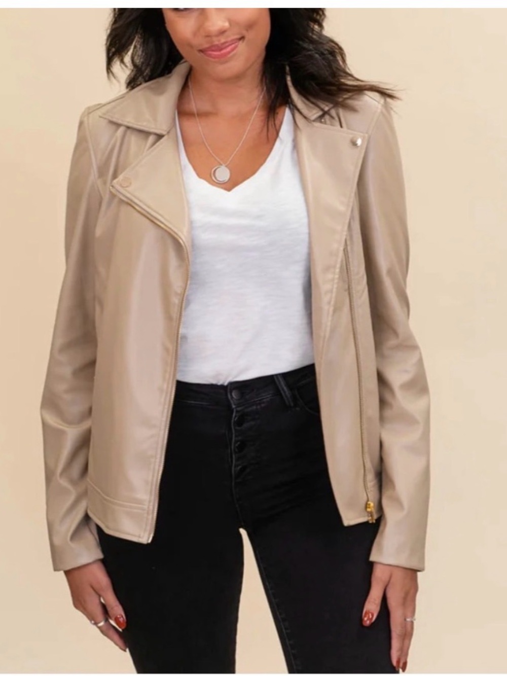Women’s Beige Faux Leather Moto Jacket